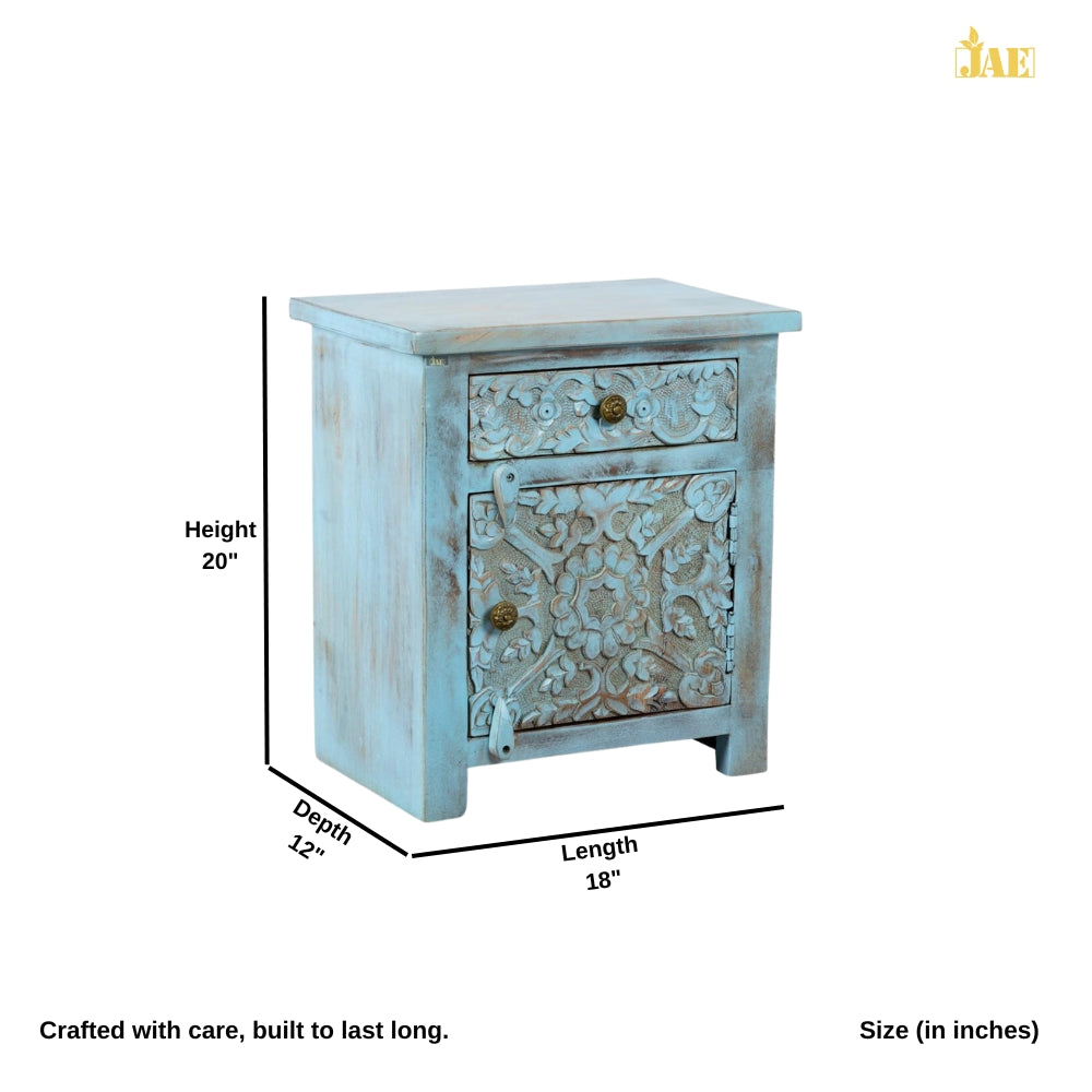 Jarit Wooden Carved Bedside (Blue Distress)