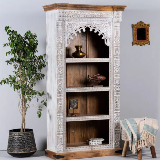 Prima Wooden Carved Book Shelf (White Distress)