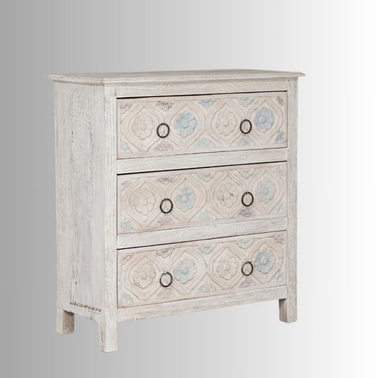 Yivya Wooden Carved Chest of Drawers (White Distress)