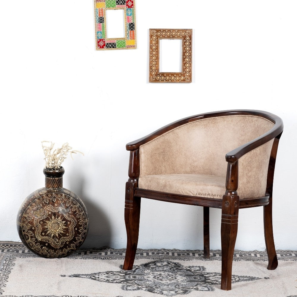 Sukriya Wooden Upholstered Arm Chair Leatherite (Walnut Finish)