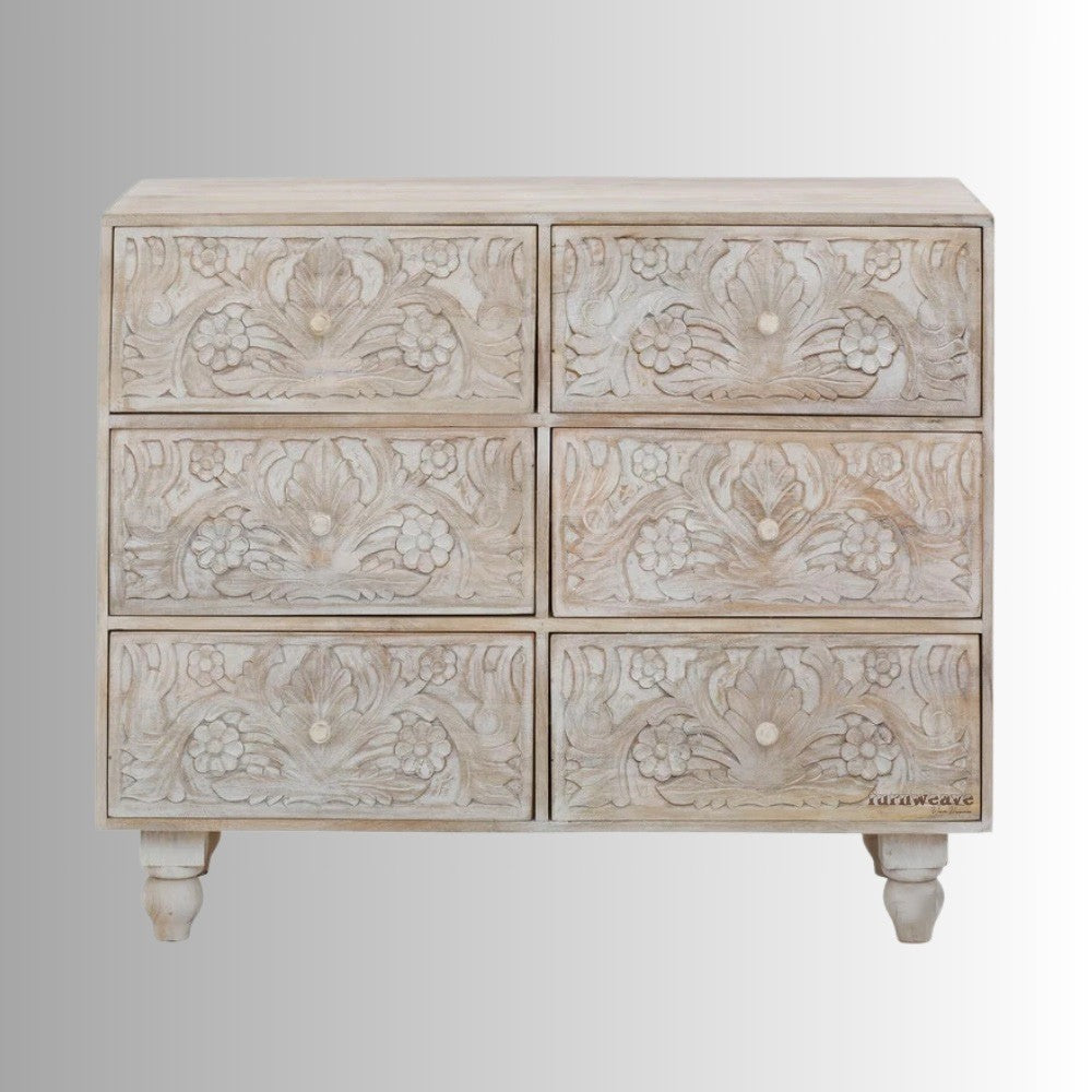 Tiska Wooden Carved Chest of Drawers (White Distress)