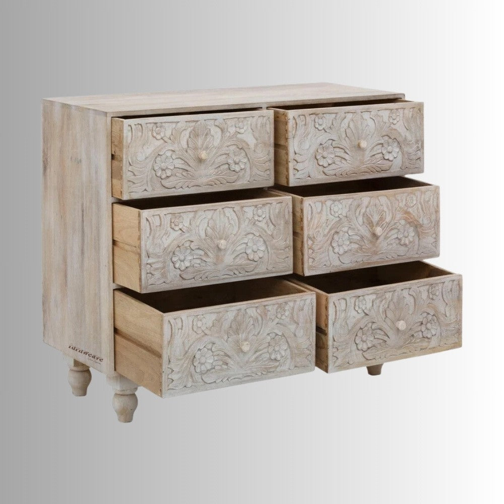 Tiska Wooden Carved Chest of Drawers (White Distress)