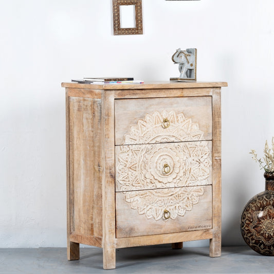 Simia Wooden Carved Antique Chest of Drawers (White Antique)