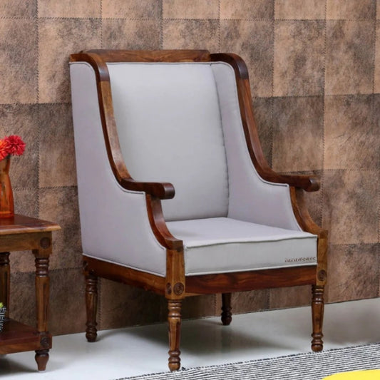 Afika Wooden Upholstered Accent Chair Sofa (Light Grey Fabric) | Buy Wooden Accent Chairs | Buy Upholstered Chairs Online in India | Buy Solid Wood Furniture Online in India | Furnweave