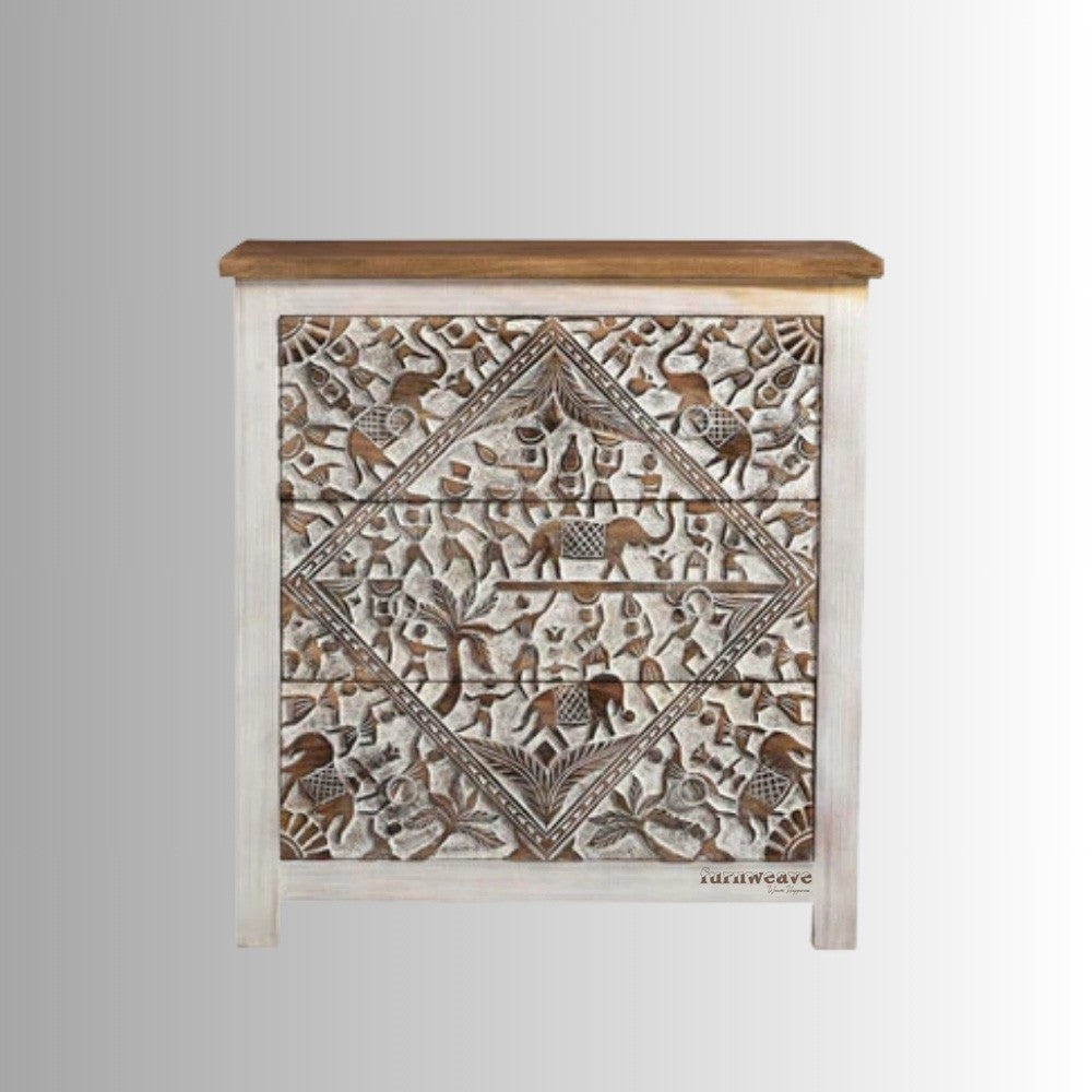 Atra Wooden Carved Chest of Drawer (White Distress)