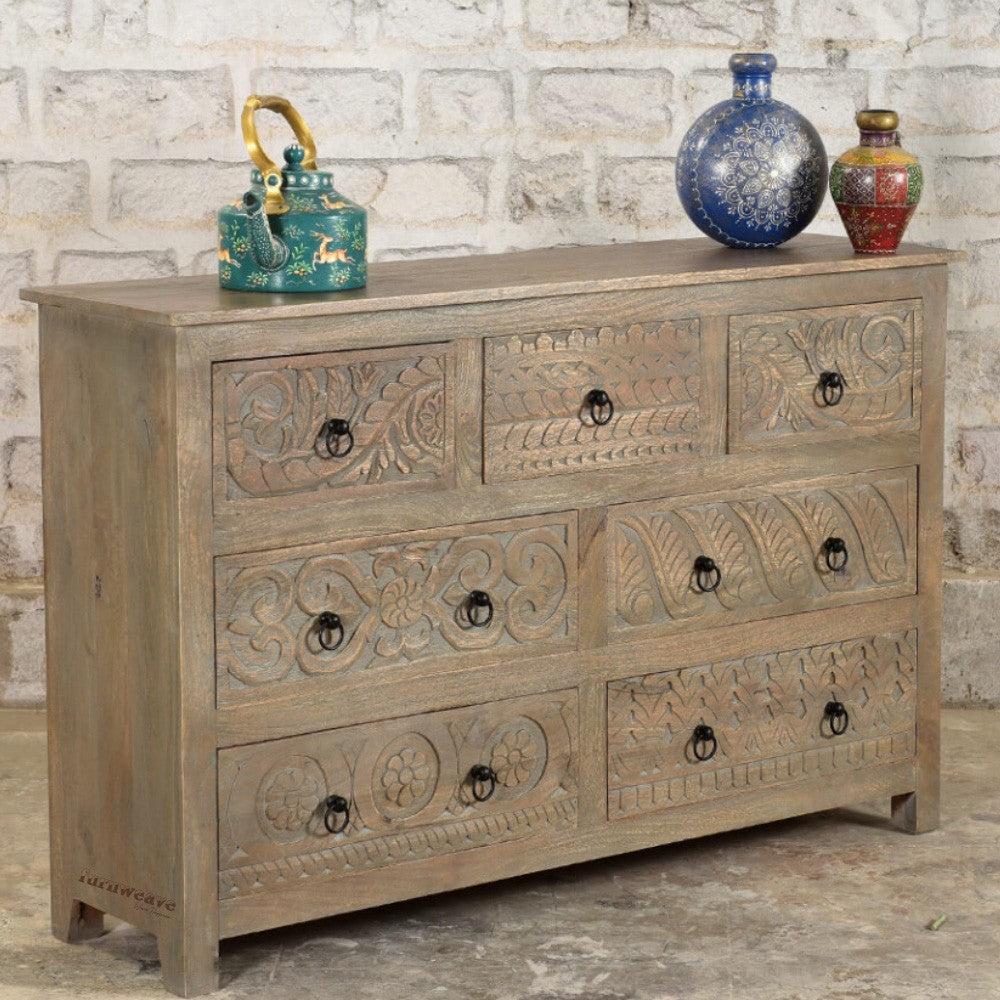 Inigo Wooden Carved Numerous Chest of Drawer (Grey Brown Distress)