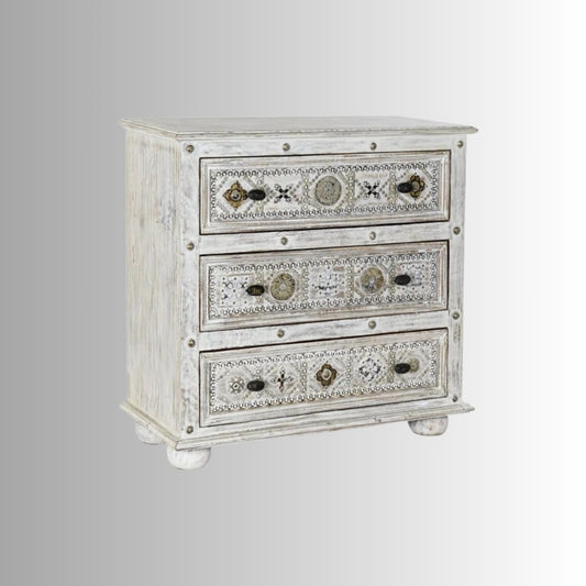 Sena Wooden Brass Rustic Chest of Drawer (White Distress)