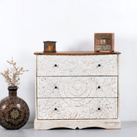 Khema Wooden Carved Chest of Drawer (Off White Distress)