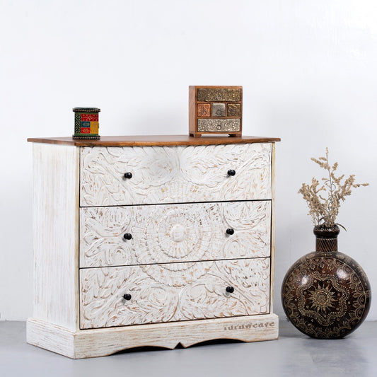 Khema Wooden Carved Chest of Drawer (Off White Distress)