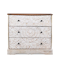 Khema Wooden Carved Chest of Drawer (Off White Distress)