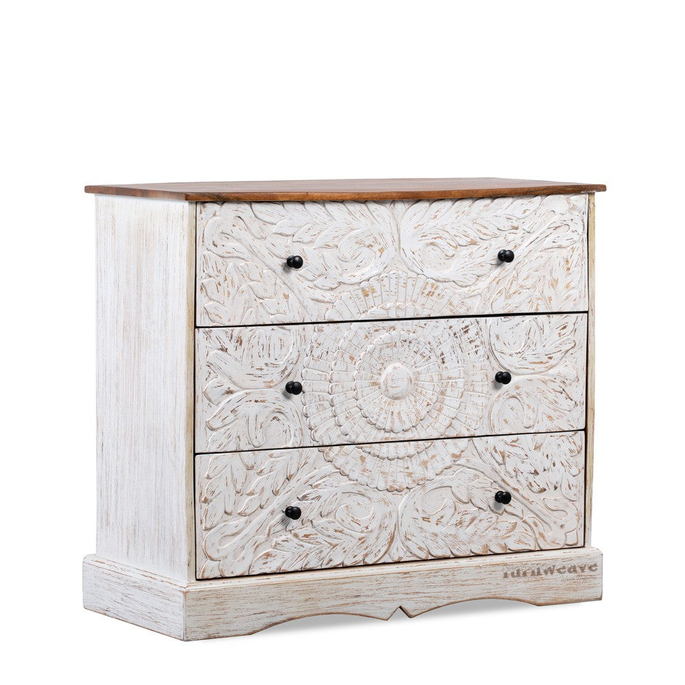 Khema Wooden Carved Chest of Drawer (Off White Distress)