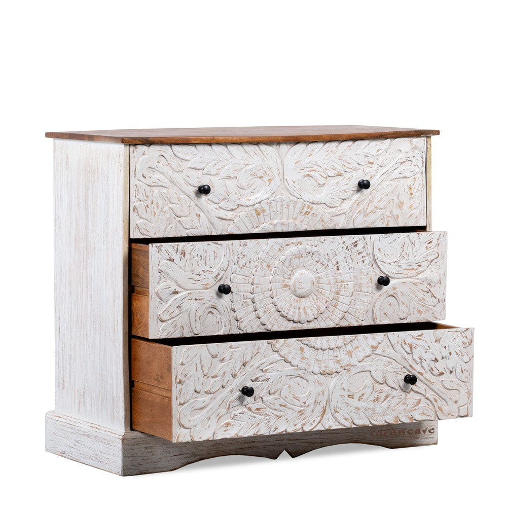 Khema Wooden Carved Chest of Drawer (Off White Distress)