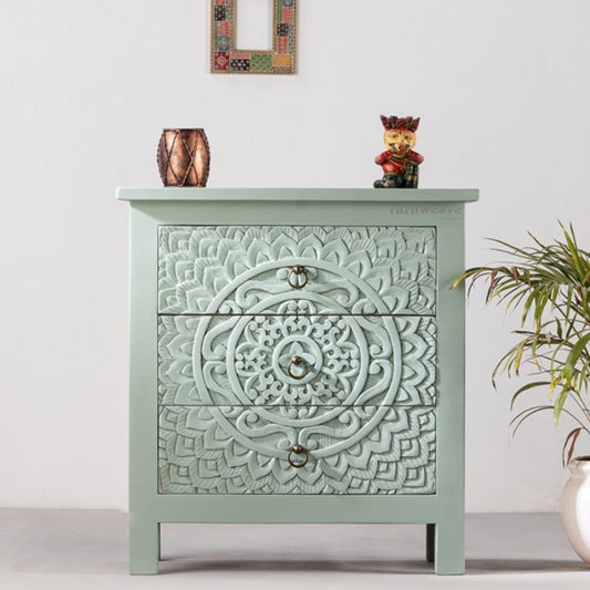 Shev Wooden Carved Chest of Drawer (Light Green)