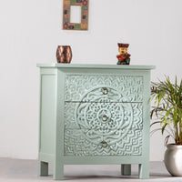 Shev Wooden Carved Chest of Drawer (Light Green)