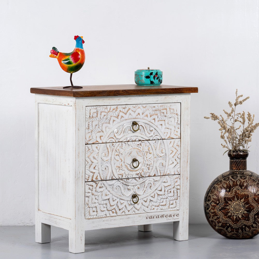 Shev Wooden Carved Chest of Drawer (off White Distress)