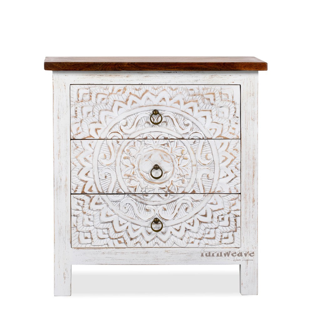 Shev Wooden Carved Chest of Drawer (off White Distress)