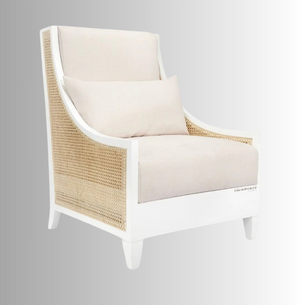 Abhis Wooden Rattan Lounge Chair (White) | Buy Wooden Lounge Chair | Buy Wooden Seating Furniture | Solid Wood Furniture | Upholstered Chairs | Furnweave