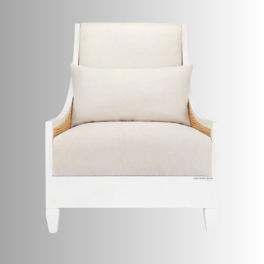 Abhis Wooden Rattan Lounge Chair (White)