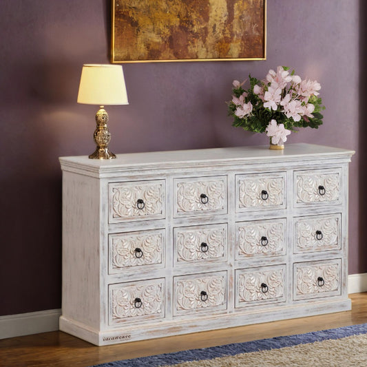 Inigo Wooden Carved Numerous Chest of Drawer (White Distress)