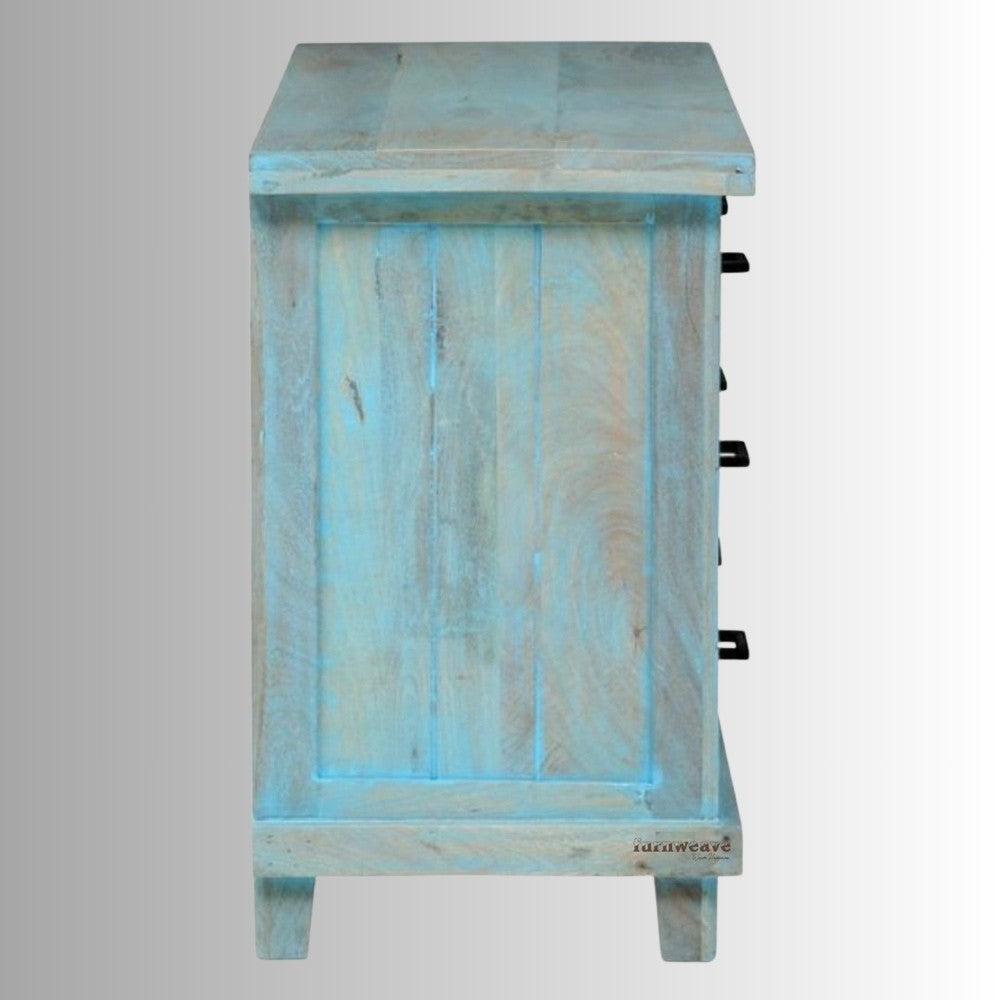 Tefea Wooden Carved Chest of Drawers (Blue Distress)