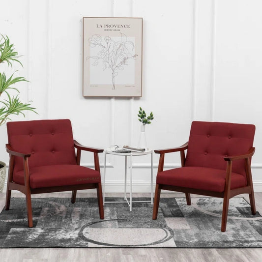 Pearl Wooden Upholstered Arm Chair Set of Two (Red) in a vibrant Red upholstery and warm Teak finish.