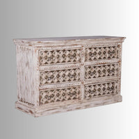 Revita Wooden Carved Brass Fitted Chest of Drawers (White Distress)