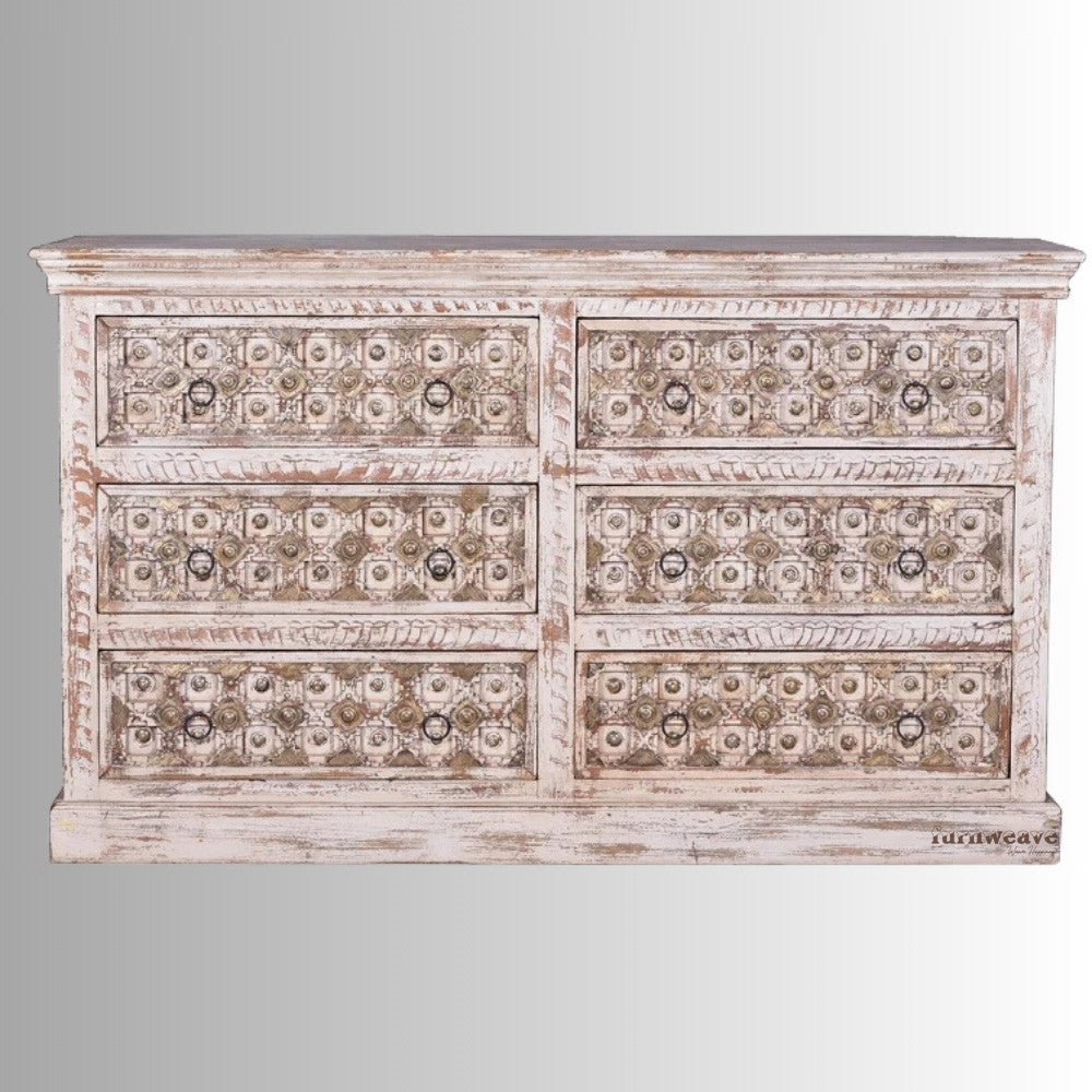 Revita Wooden Carved Brass Fitted Chest of Drawers (White Distress)