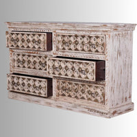 Revita Wooden Carved Brass Fitted Chest of Drawers (White Distress)