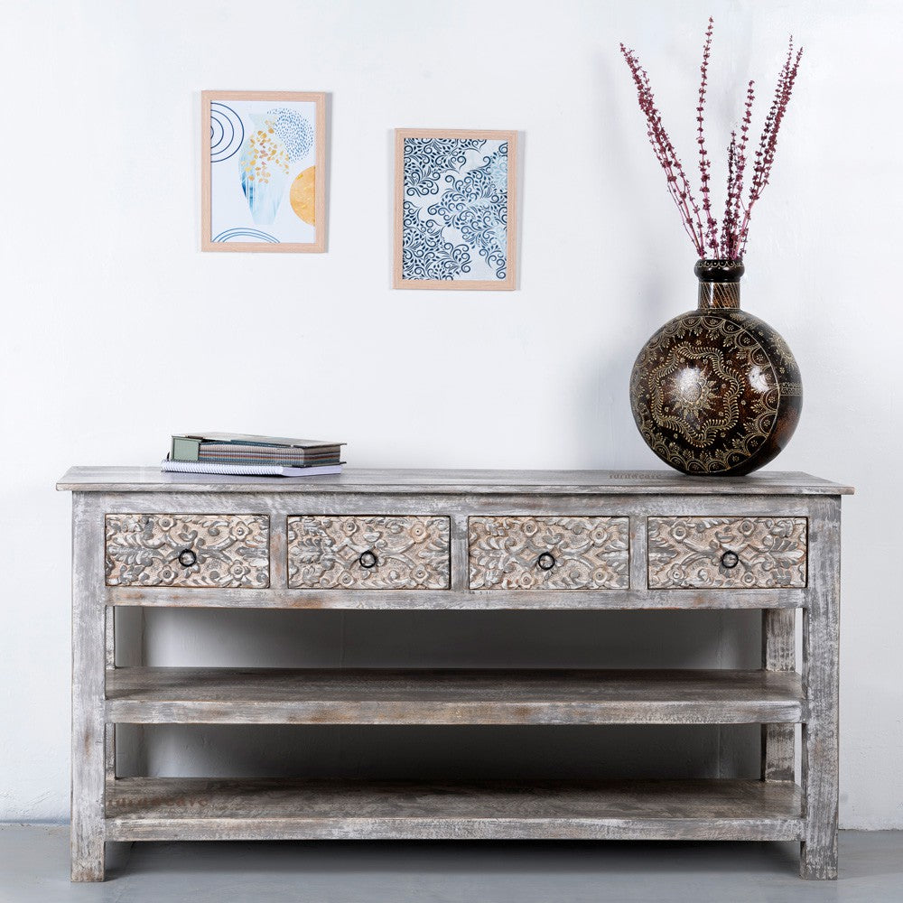 Prito Wooden Carved Foyer Table (Grey Distress)