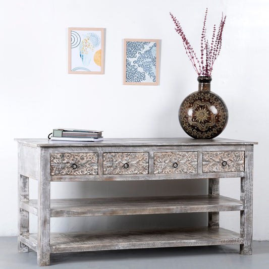 Prito Wooden Carved Foyer Table (Grey Distress)