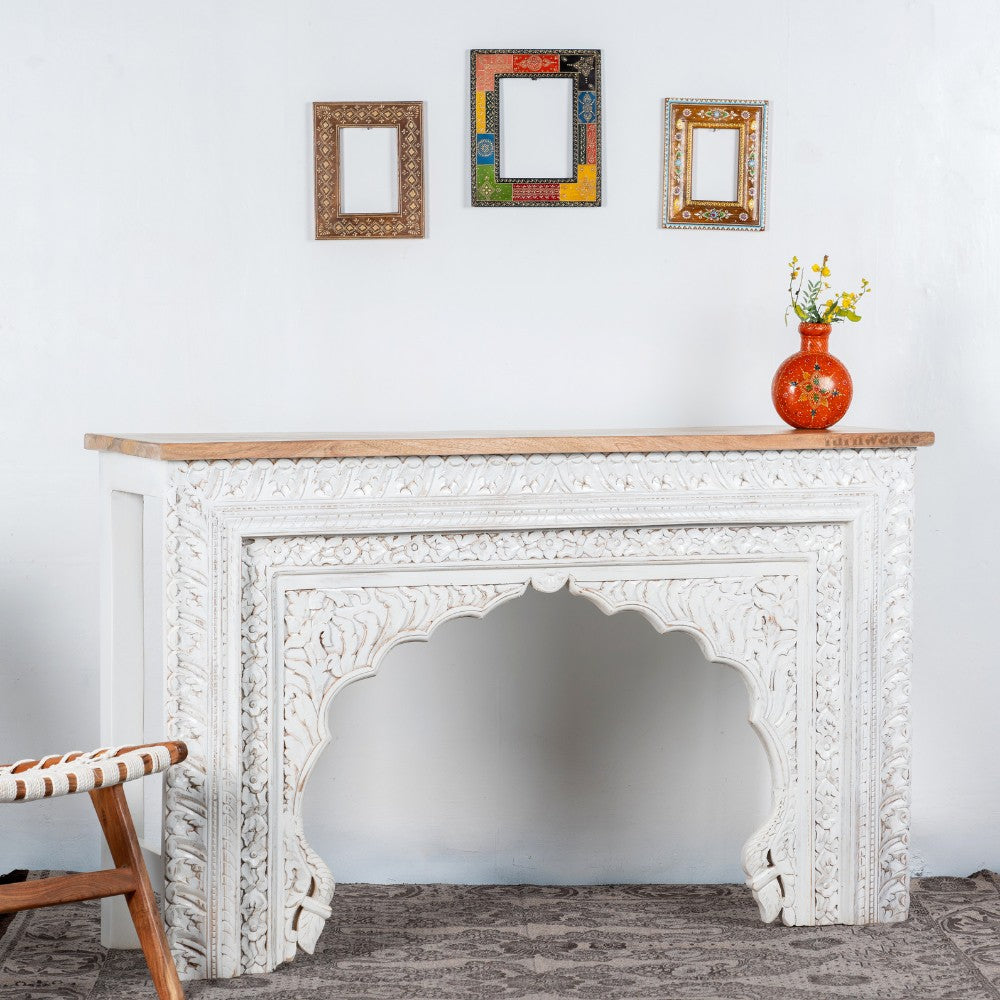 Evina Wooden Carved Console Table (White Distress)