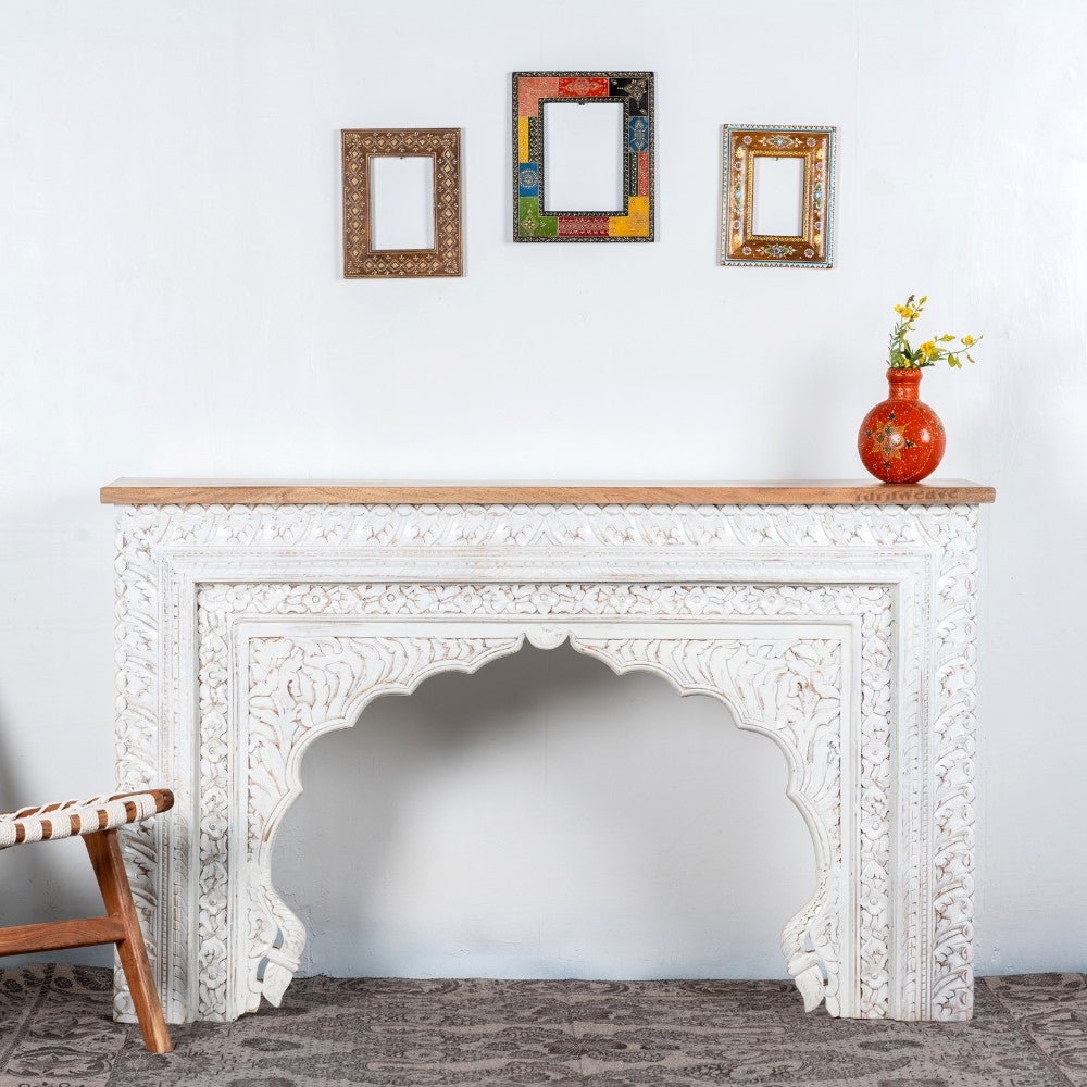 Evina Wooden Carved Console Table (White Distress)