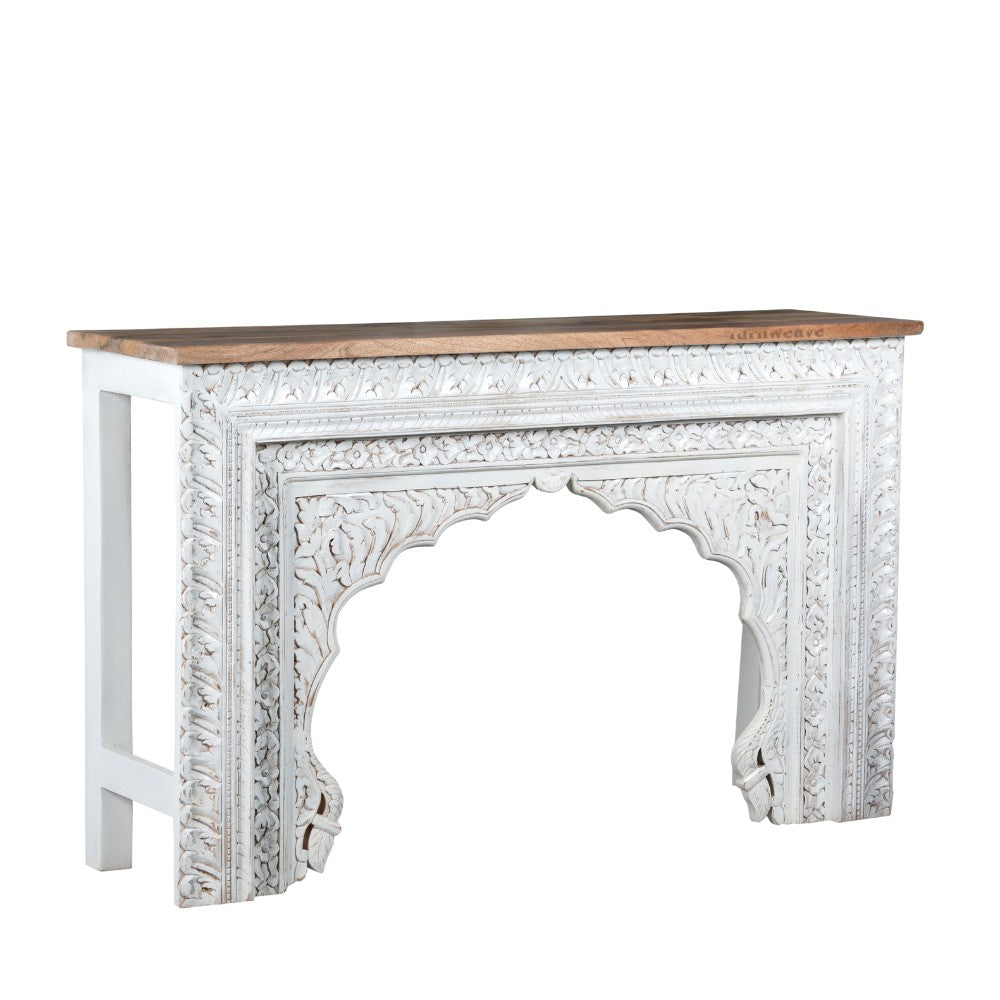 Evina Wooden Carved Console Table (White Distress)