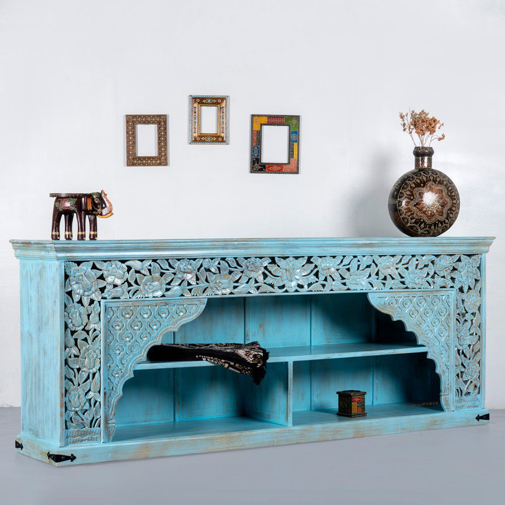 Mehrana Wooden Carved Entryway Console (Blue Distress)