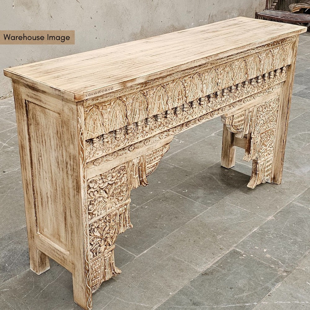 Otter Wooden Carved Entryway Console Table (Off White Distress)