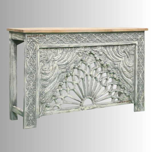 Jakea Wooden Carved Entryway Console Table (Grey Distress)