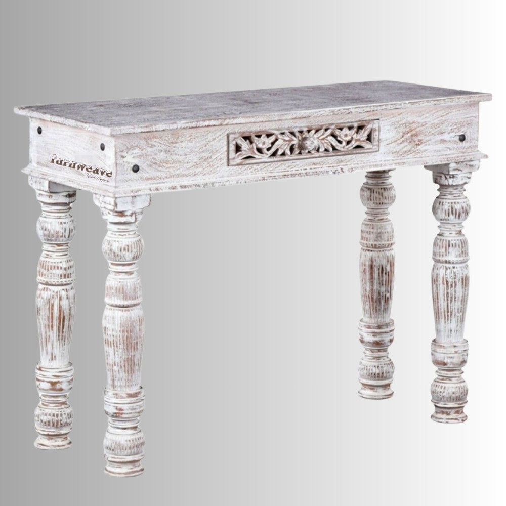 Kover Wooden Carved Foyer Table (White Distress)