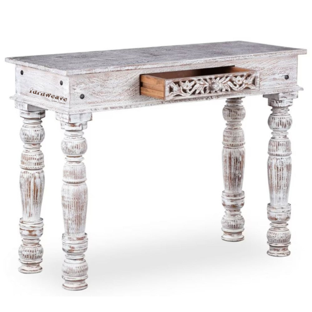 Kover Wooden Carved Foyer Table (White Distress)