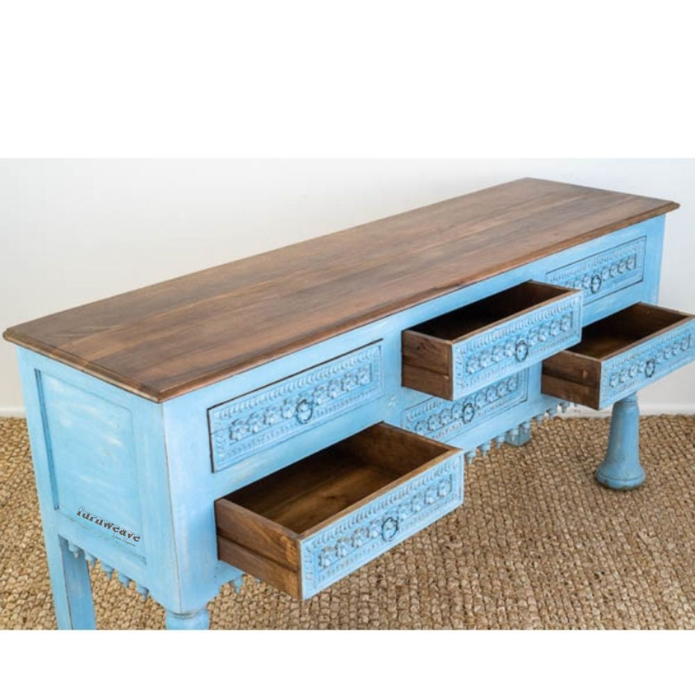 Robi Wooden Carved Console with Drawers (Blue Distress)