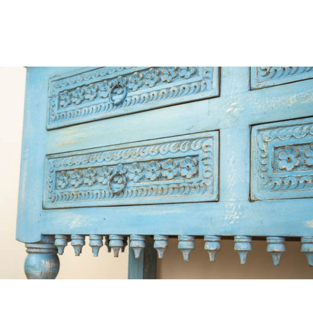 Robi Wooden Carved Console with Drawers (Blue Distress)