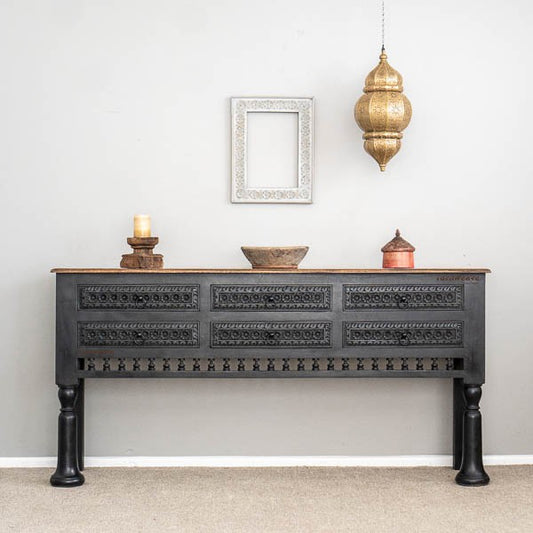 Robi Wooden Carved Console with Drawers (Black Antique)