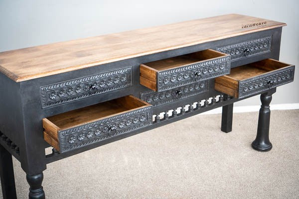 Robi Wooden Carved Console with Drawers (Black Antique)