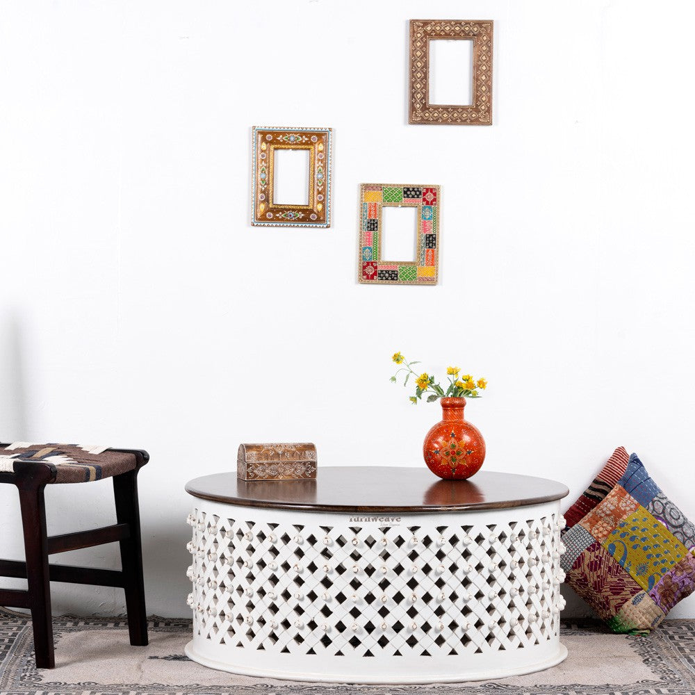 Raok Wooden Round Coffee Table with Jali Work (White Distress)