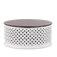 Raok Wooden Round Coffee Table with Jali Work (White Distress)