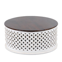 Raok Wooden Round Coffee Table with Jali Work (White Distress)