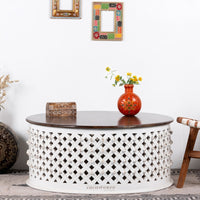 Raok Wooden Round Coffee Table with Jali Work (White Distress)