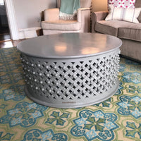 Raok Wooden Round Coffee Table with Jali Work (Grey)