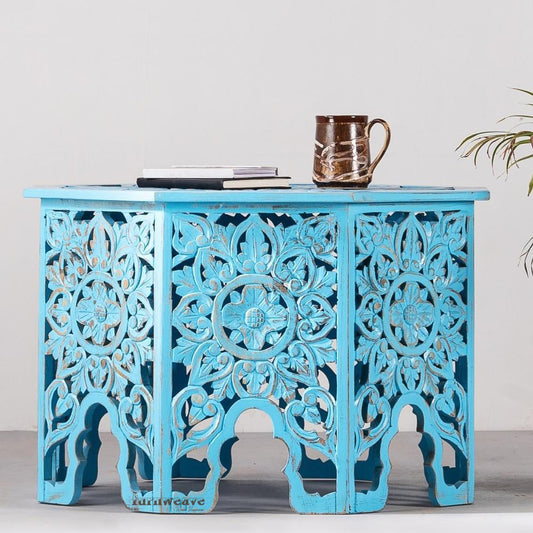 Omia Wooden Carved Coffee Table(Blue Distress)