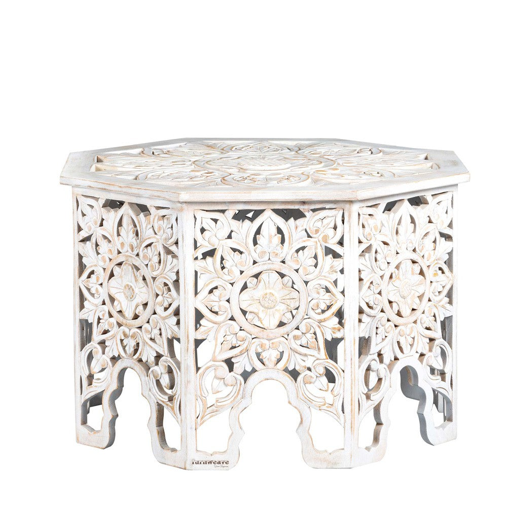 Omia Wooden Carved Coffee Table (White Distress)