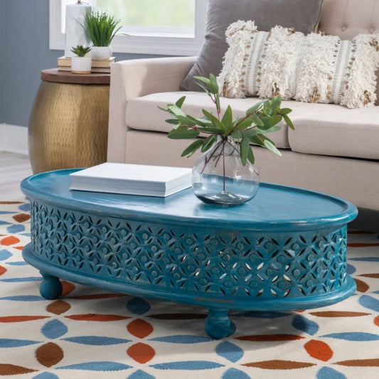 Kara Wooden Carved Coffee Table (Blue Antique)